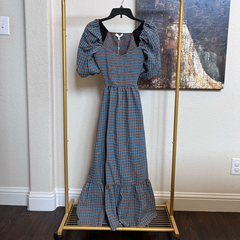 WAYF Cutout Smocked Midi Dress Capri Blue Plaid sz L